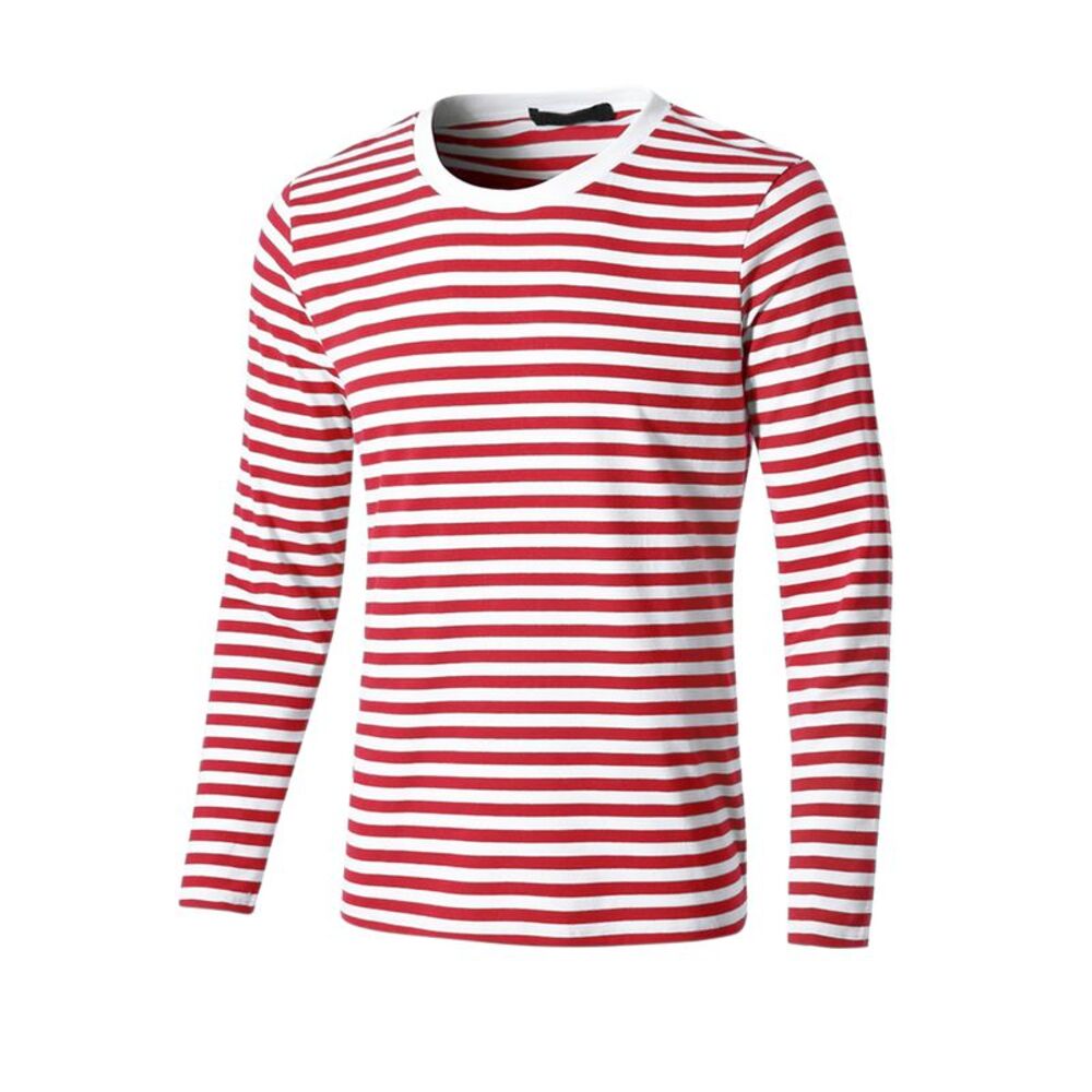 Striped T Shirt Crew Neck Long Sleeve Casual Cotton Pullover Tee Top White Red
